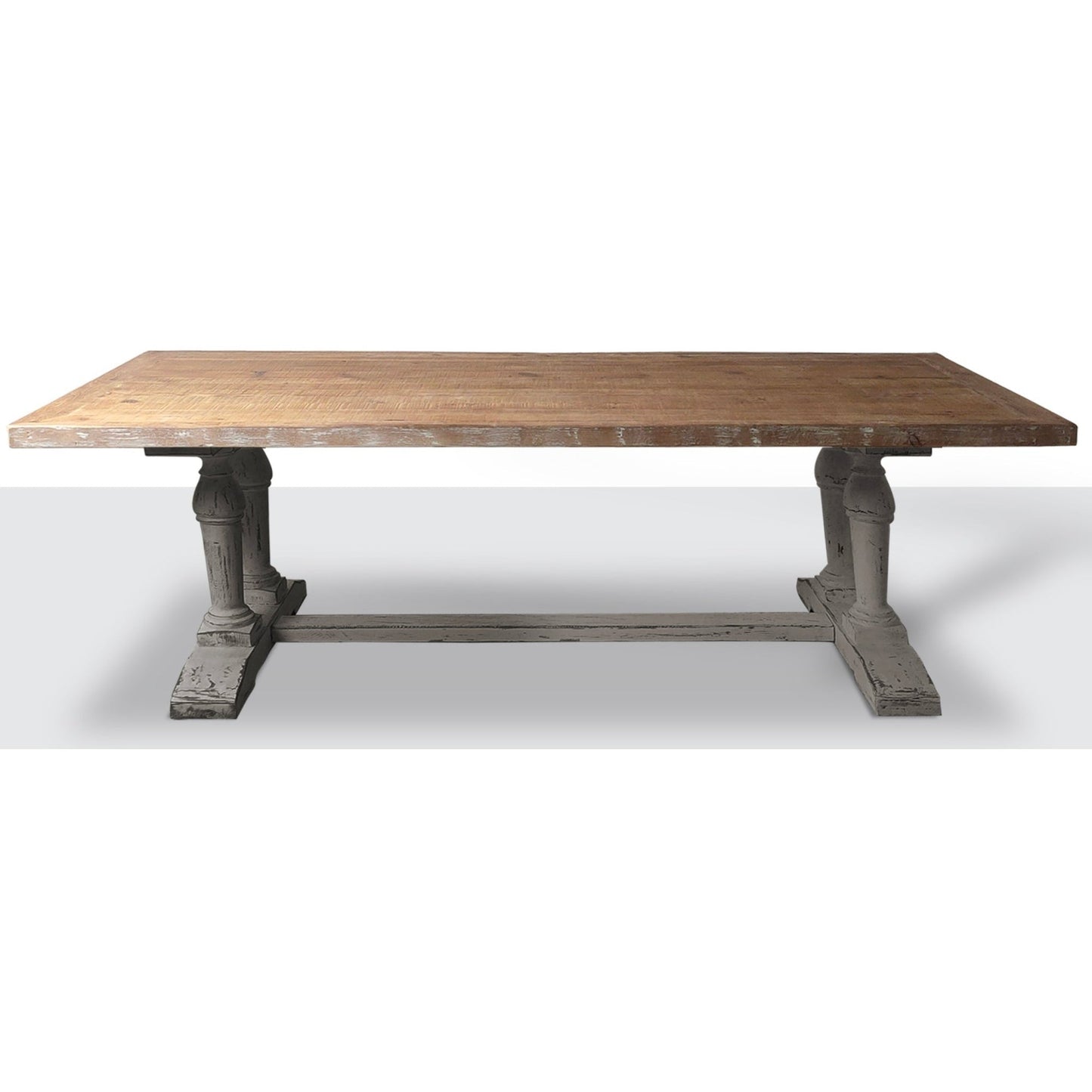 Table de salle à manger longue en vieux pin recyclé, fini gris rustique