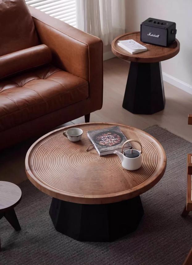 Old Pine Side Table, Black Hexagonal Tapered Base