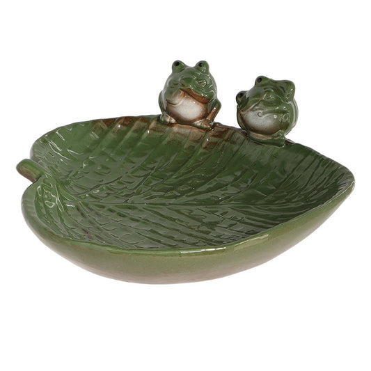 Ceramic Leaf Shaped Bird Bath With Frogs