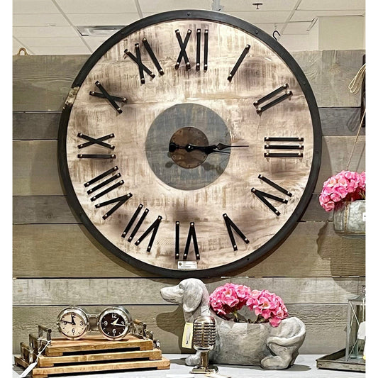 "Horloge ronde en bois vieilli 36", # romain, brun antique"