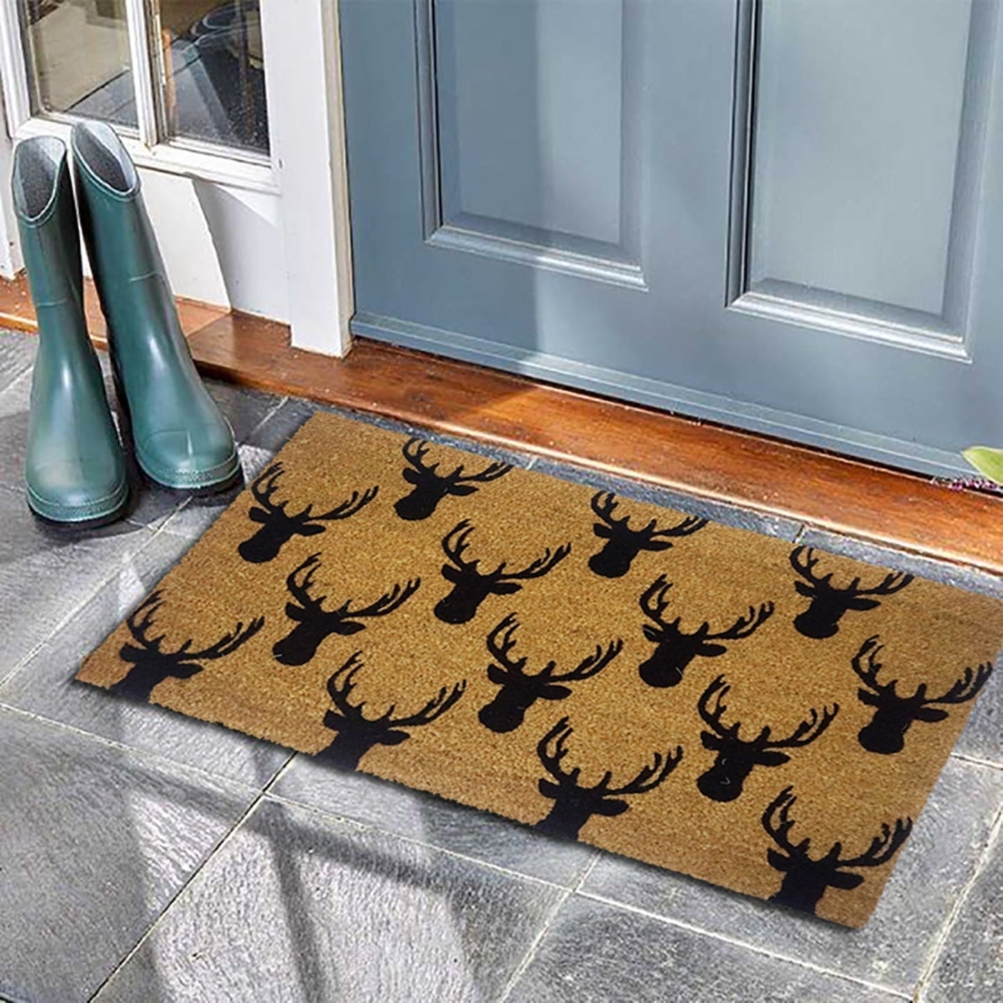 Paillasson en fibre de coco tête de cerf, tapis d'entrée en PVC pour intérieur et extérieur, touffeté