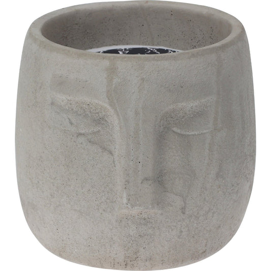Candle In Cement Pot With Face Design, Wax Colour White