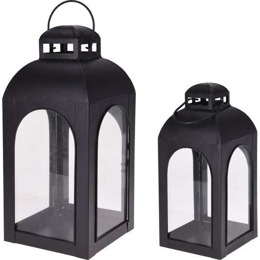 Lantern, Glass And Metal, Set Of 2Pcs, Black Color