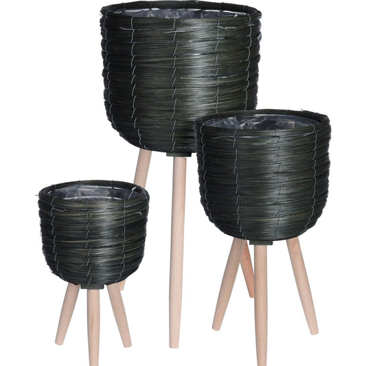Flowerpot On Legs Set Of 3 Green Color Chipwood, 25% Off