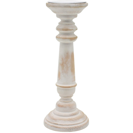 Round Wood Pillar Candle Holder, Antique White