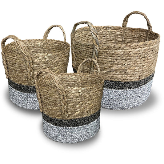 Rope Basket, Set of 3, Cattail Grass+Cotton Rope