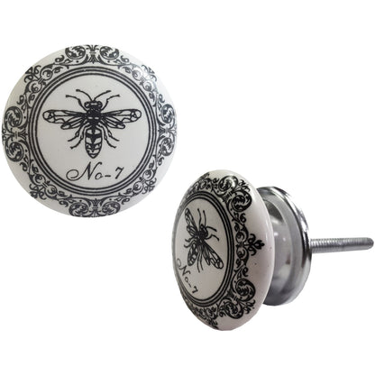 Bouton d'abeille en céramique, boutons vintage pour armoires, tiroirs et meubles, noir et blanc