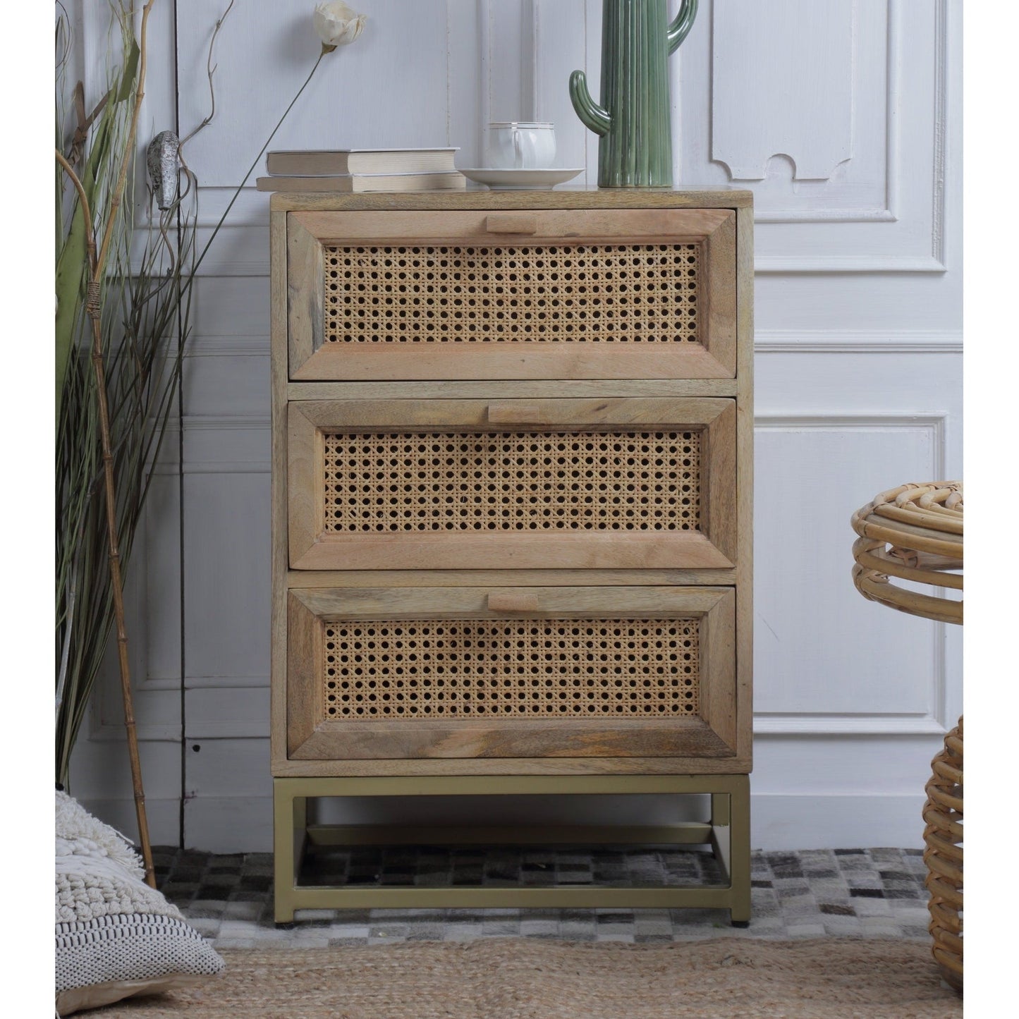 Mango Wood Bedside With Rattan Cane Frame, 40% Off