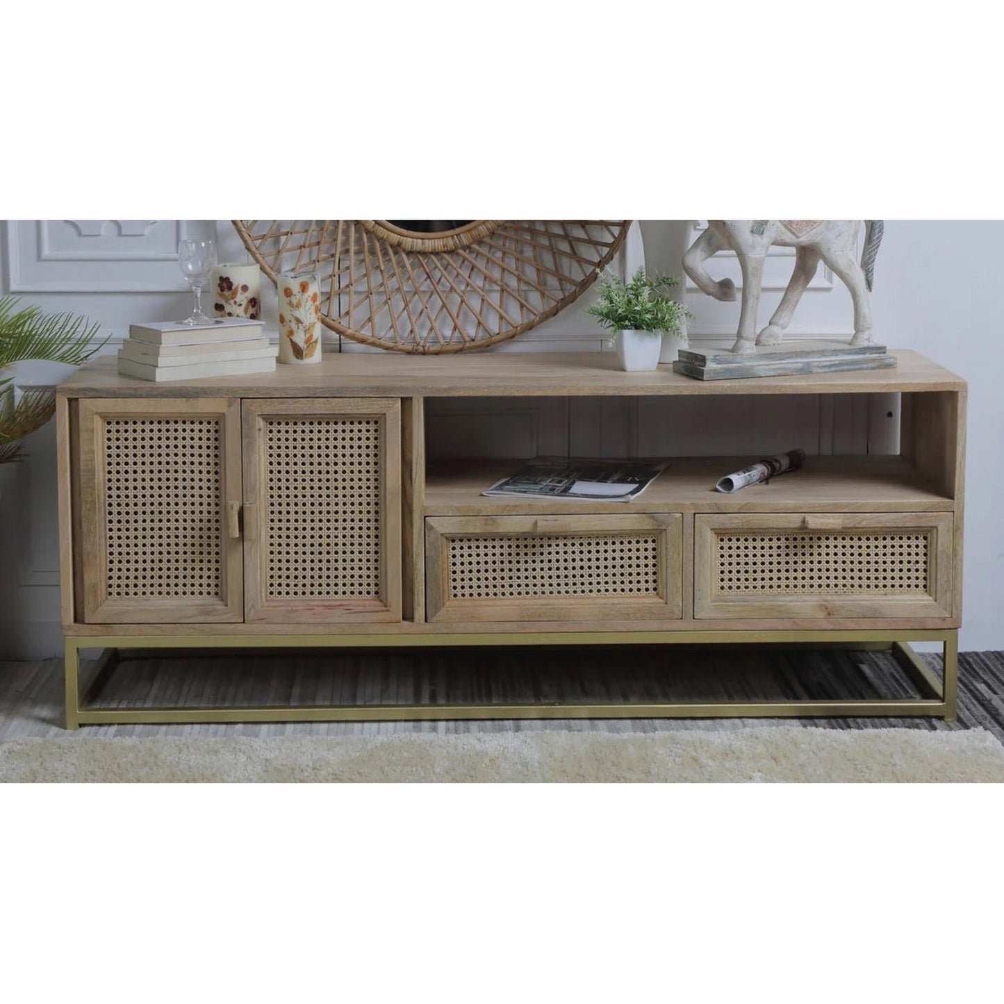 Mango Wood Sideboard With Rattan Cane Frame