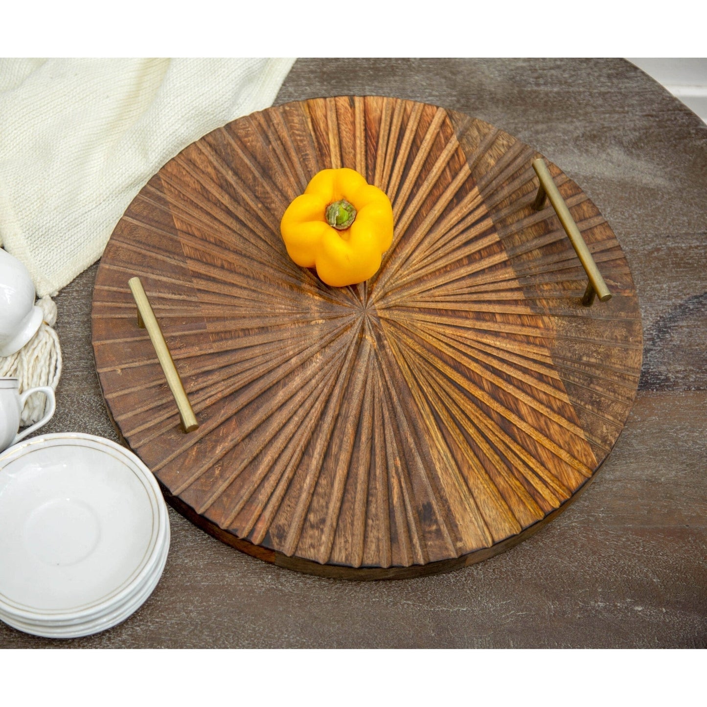 Carved Wooden Serving Tray with Metal Handle