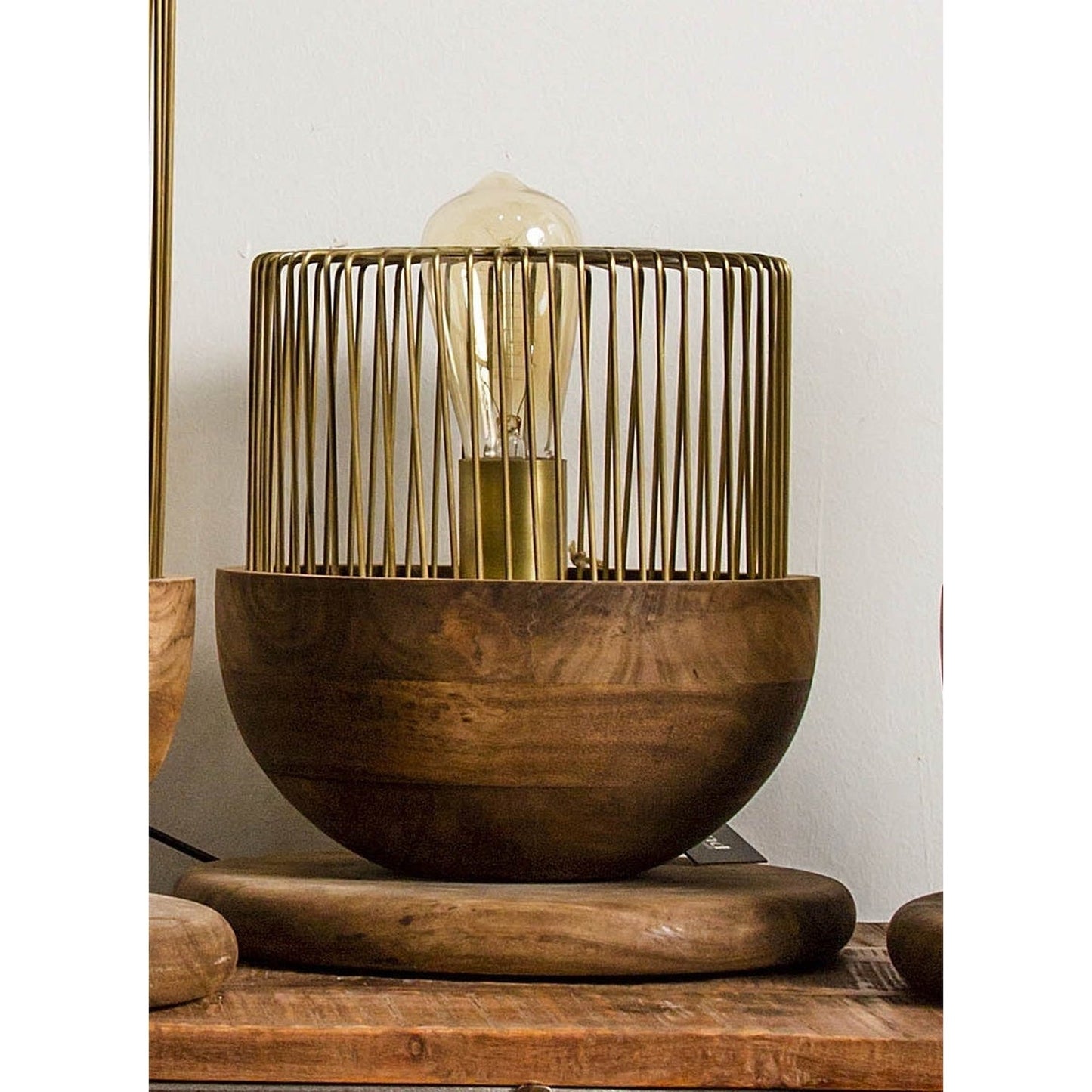 "Lampe De Table En Cage Avec Base En Bois, Courte"