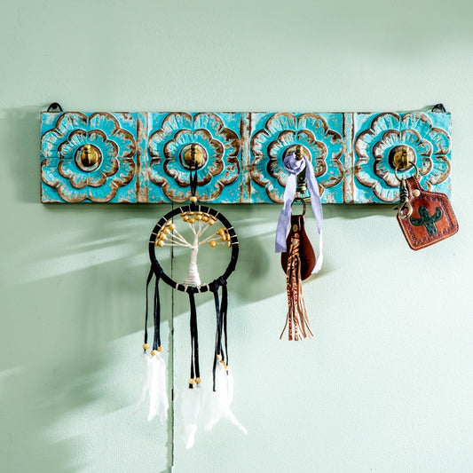 Carved Wooden 4 Hooks Rack, Rustic Turquoise, 25% Off