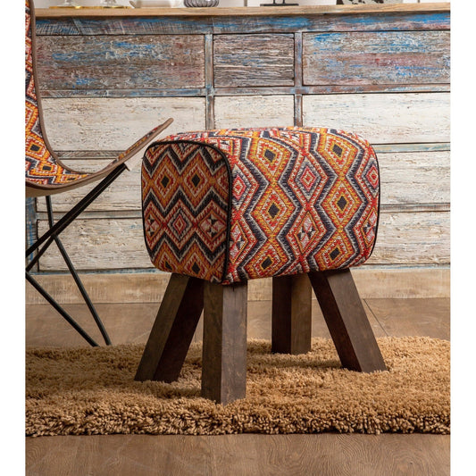 Handwoven Fabric Stool, Wooden Frame