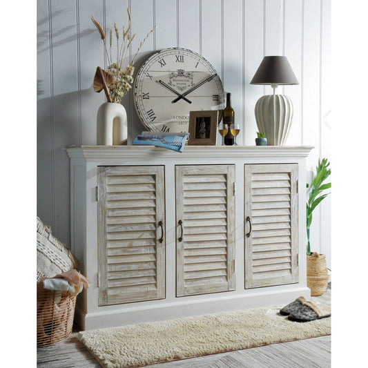 Buffet 3 portes en bois, blanc antique