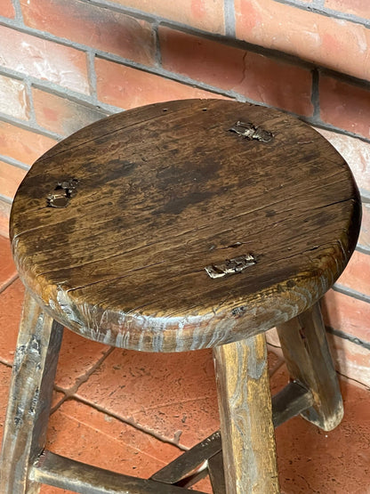 Old Wooden Round Stool, Elm Wood