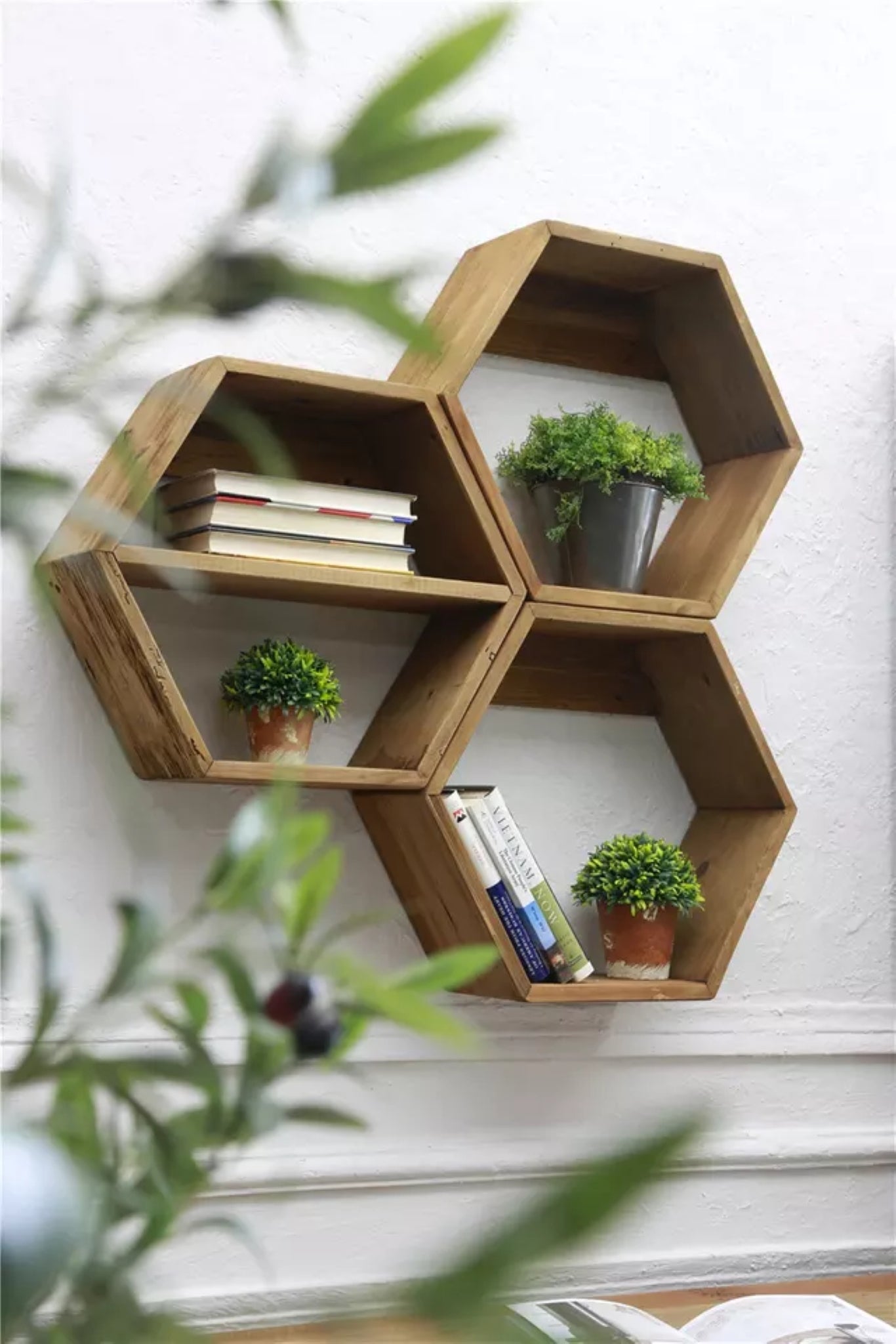 Reclaimed Wooden Hexagon Shelf With Divider