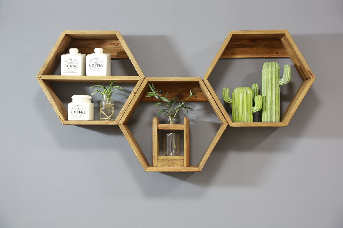 Reclaimed Wooden Hexagon Shelf With Divider