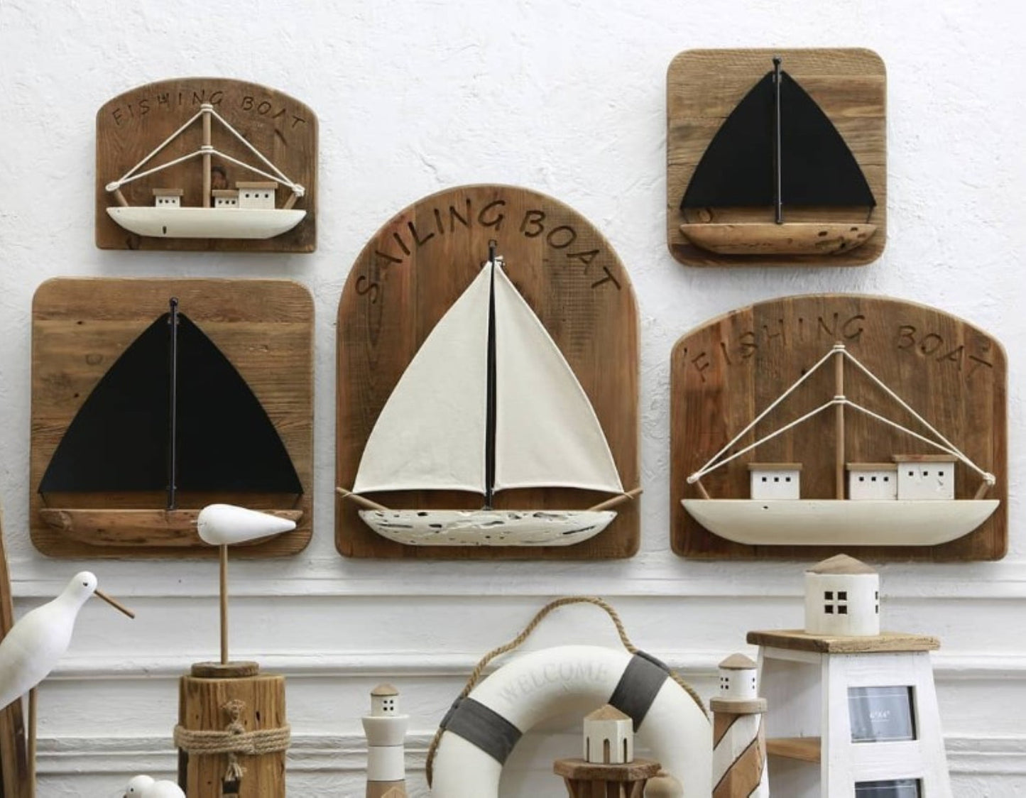 Reclaimed Wooden Sailing Boat Wall Decor, White, 30% Off