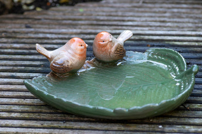 Ceramic Leaf Shaped Bird Bath With Birds