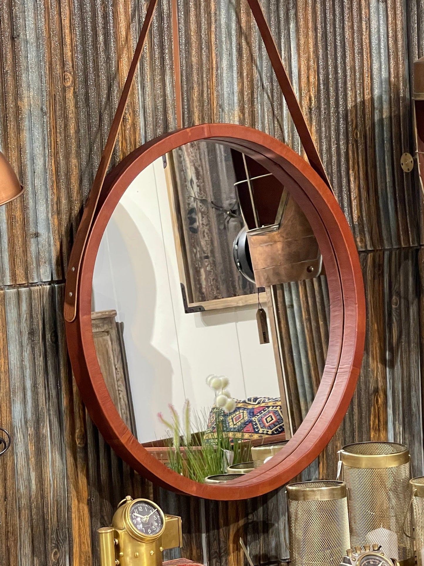 Miroir circulaire Rex, grand, cuir