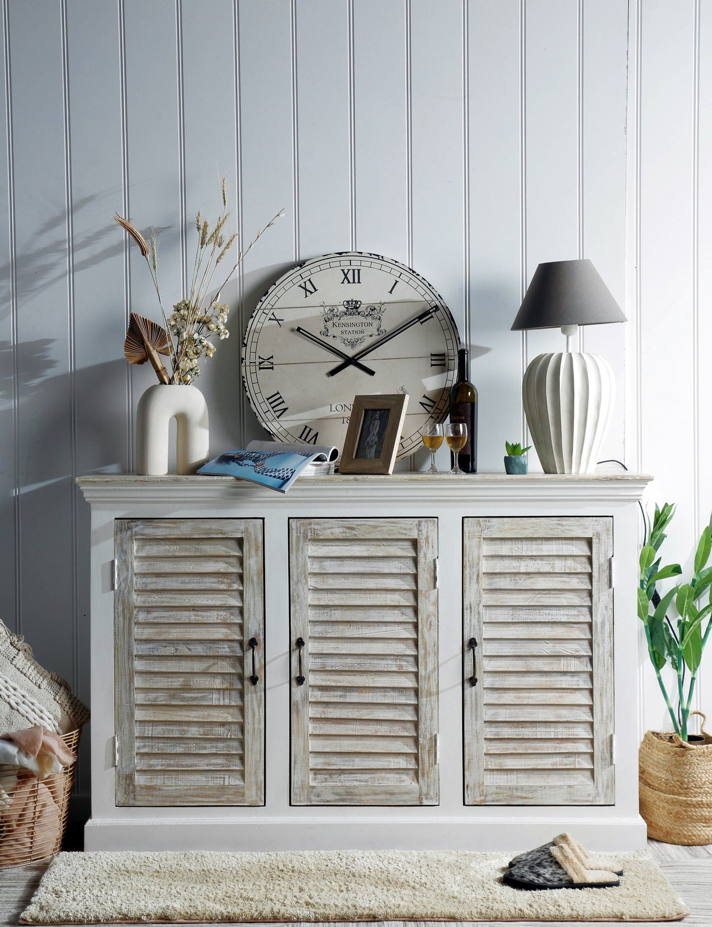 Buffet 3 portes en bois, blanc antique