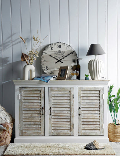 Buffet 3 portes en bois, blanc antique